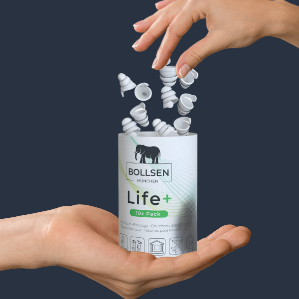 Life+ 10x box with one hand taking out an earplug