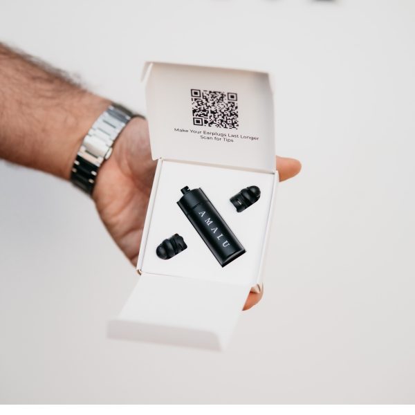 Amalu Music earplugs inside white box on white background